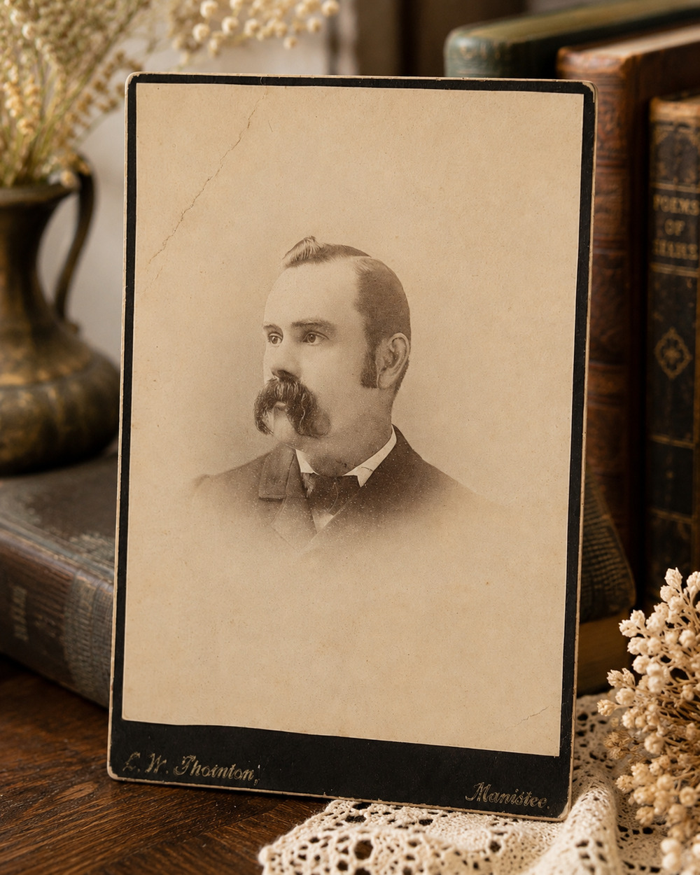 Antique Cabinet Card Photo Mustache Man Portrait Identified Manistee Michigan